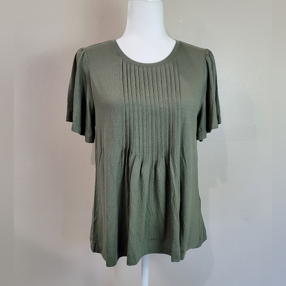 BANANA REPUBLIC Olive Green Short Flutter Sleeve Pintuck Pleat Front Top S